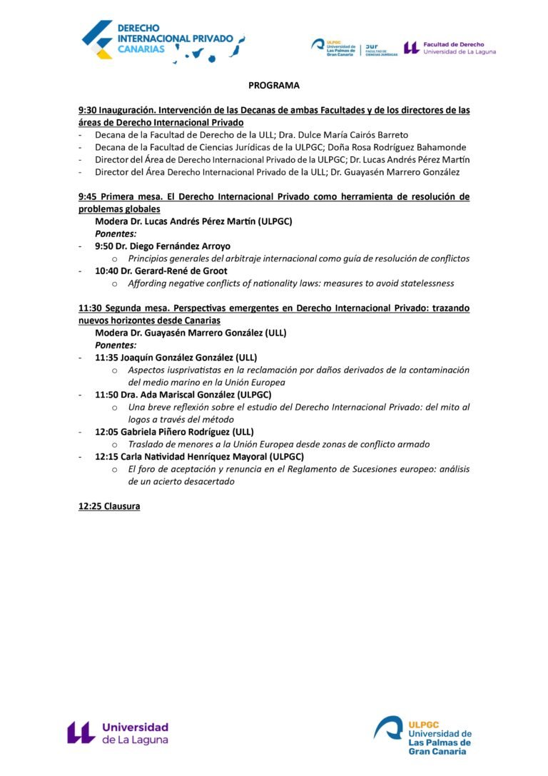 II Jornadas de Derecho Internacional Privado de Canarias, Tenerife (27, April 2026)