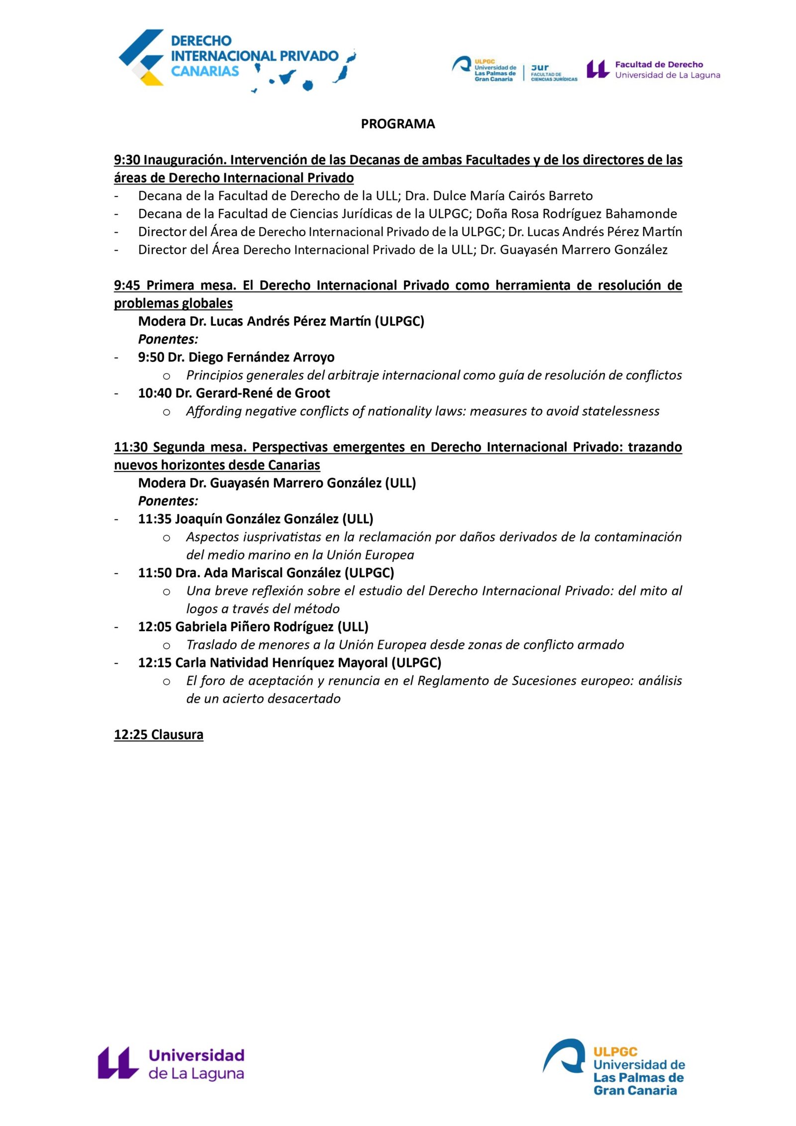 II Jornadas de Derecho Internacional Privado de Canarias, Tenerife (27, April 2026)